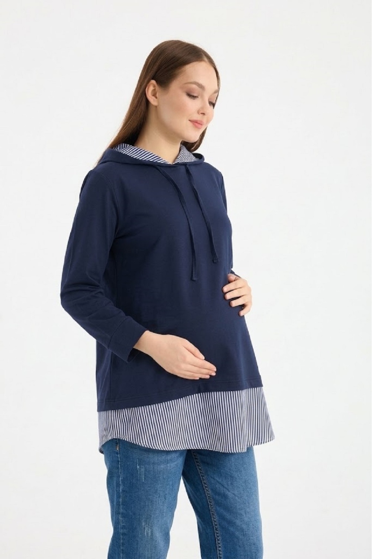 Hamile Kapüşonlu Sweatshirt Etek Ucu Çizgi Detaylı