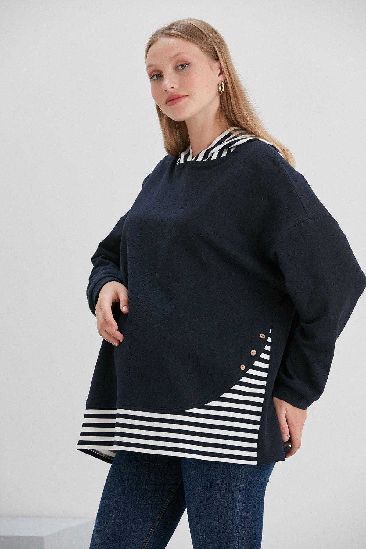 Hamile Kapüşonlu Sweatshirt Etek Ucu Çizgi Garnili