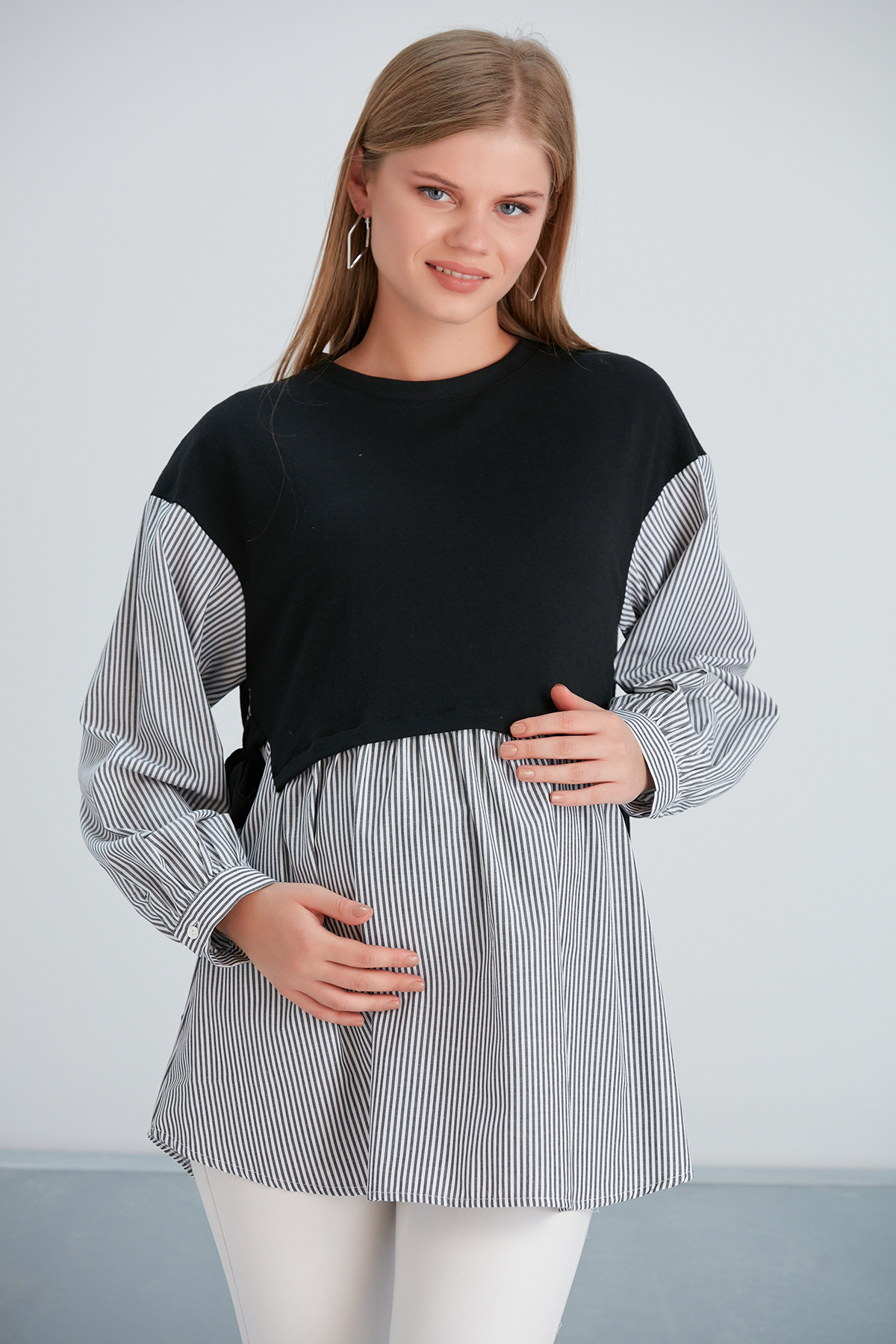 Hamile (Düz Rejenere + Çizgili Poplin Kombin) Tunik